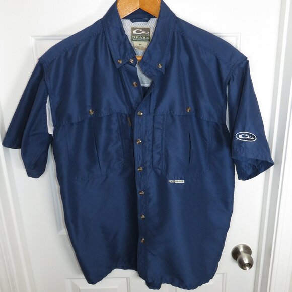 Drake Men’s Waterfowl Navy Blue Short Sleeve Shirt Vented Outdoor Medium - Picture 1 of 5
